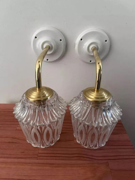 Image 1 of Pair Of Vintage Chiselled Glass Wall Sconces