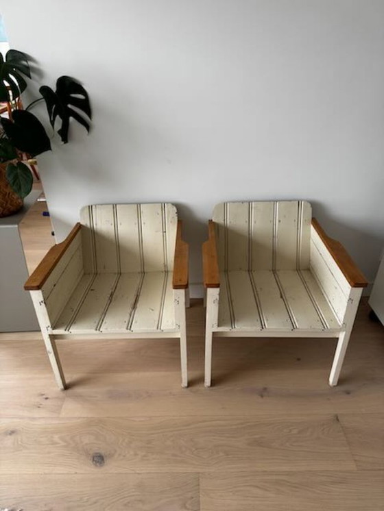 Image 1 of 2 low Piet Hein Eek bucket chairs/armchairs made of reclaimed wood, white