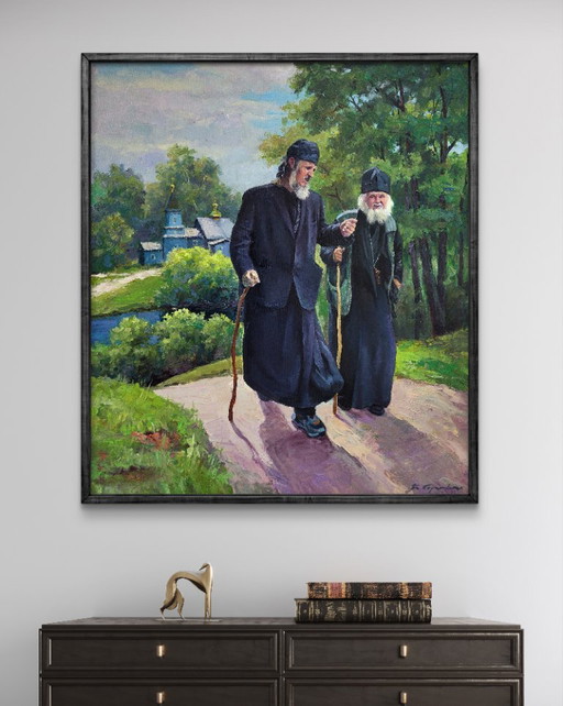 Original Oil Painting Monks Landscape From Sunday Service – schilderijen tekeningen, Canvas (photo 2 of 7)