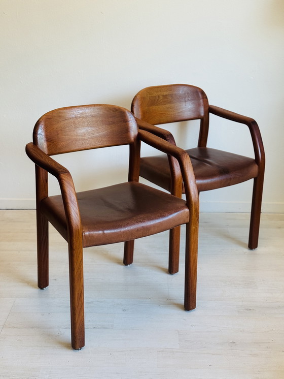 Image 1 of Vintage Deense stoelen van teak met leer