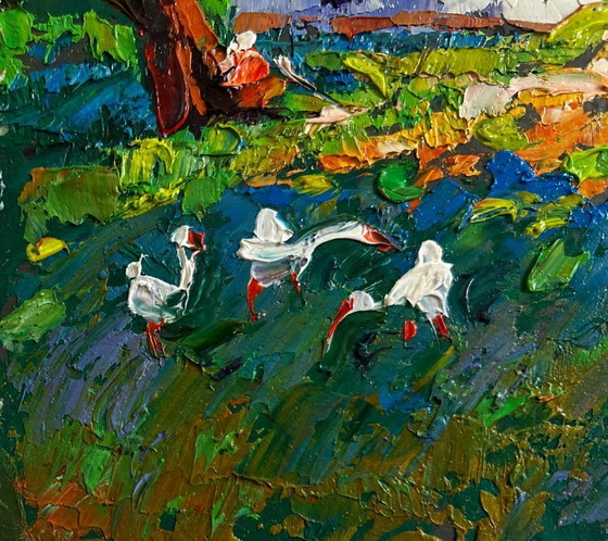 Image 1 of Original Oil Painting Summer Houses Landscape Morning street of the village