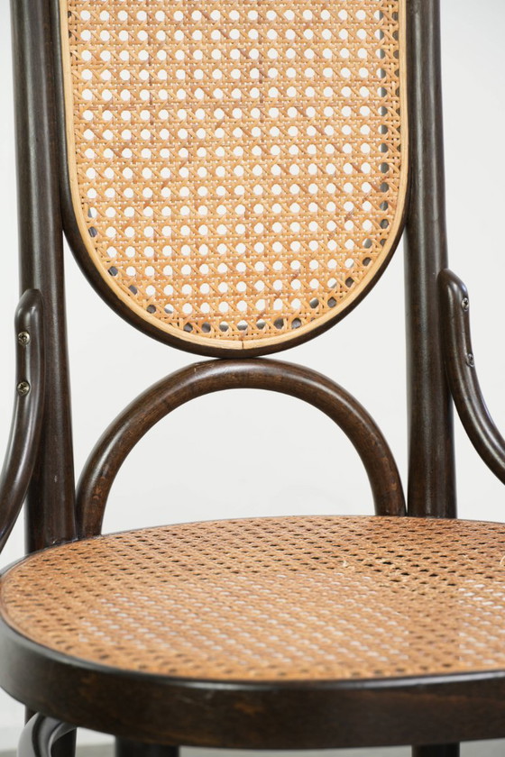 Image 1 of 6x Original vintage Thonet Long John chair with a high back, webbing seat and backrest, and gracefully curved wood