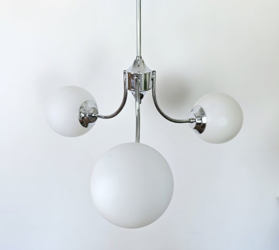 Image 1 of Vintage 3-Light Opal Glass Ceiling Lamp / Mid Century Modern Chandelier / Space Age Sputnik Light | Chrome Pendant