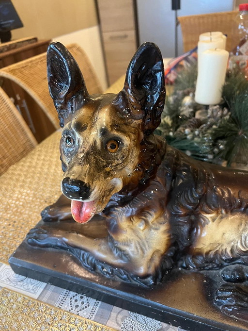 Large plaster sculpture shepherd dog Signed ca. 1950s 57 cm long