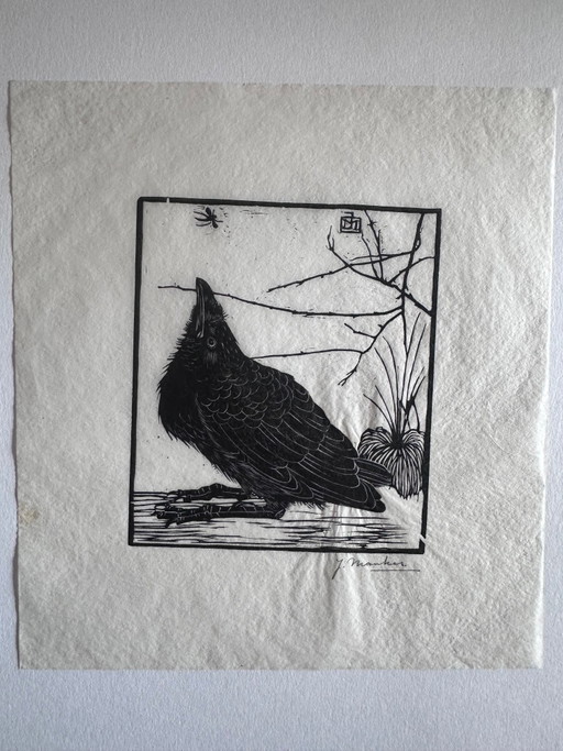 Jan Mankes 1889-1920 / Gravure sur bois originale Petit Corbeau regardant un moustique 1918