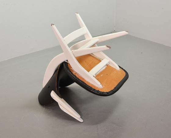Image 1 of Louis van Teeffelen Dutch Design Pelican Arm Chair for Webe in Solid White Painted Teakwood and Black Leatherette. 