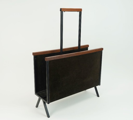 1960er Mid-Century ZEITUNGSSTÄNDER Zeitungsablage braunes Wildleder Metall Teakholz