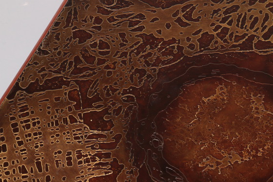 Image 1 of Tavolino brutalista con piano in rame e base in legno 1970