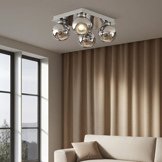 Image 1 of Vintage "Brilliant" Chromen Plafondspot met 4 Ogen - Verstelbare Retro Design Verlichting