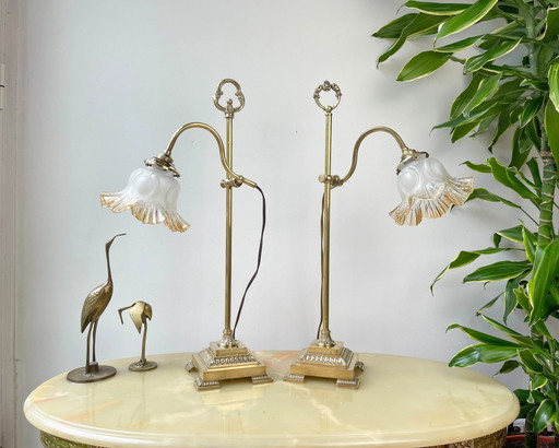 Par de lámparas de escritorio Art Déco cuello de cisne – Latón dorado y pantalla de cristal años 20/30 – Lámparas vintage articu