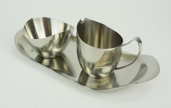 Image 1 of danish modern 3-piece SET sugar bowl creamer and tray stainless steel made in denmark