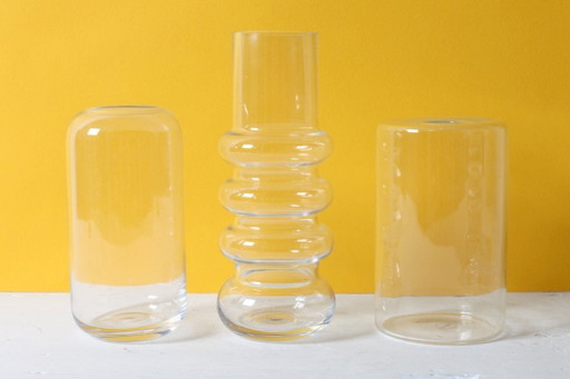 Set of 3 Small Clear Glass Designer Vases / Sweden / 2000s