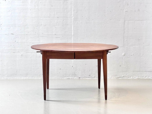 Round, high-quality Biedermeier pearwood dining table with drawers
