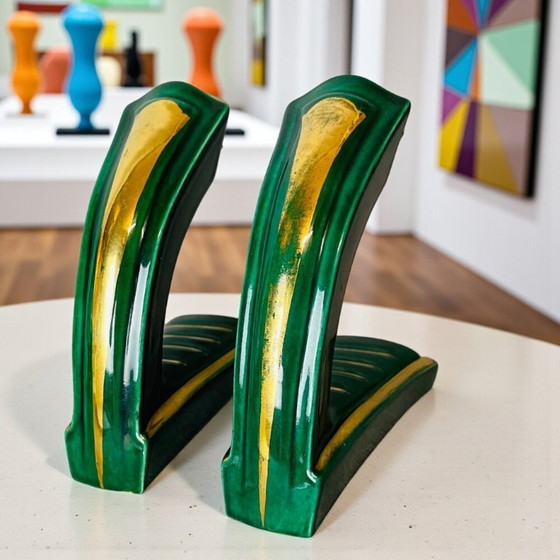 Image 1 of PAIR French Art Deco green ceramic wall sconces with hand-painted half shades, 1940s,