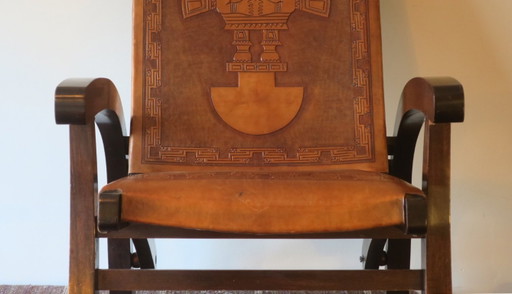 Opklapbare stoel van teakhout en bewerkt leer, ontworpen door Angel I. Pazmino, Tiahuanaco Design, Ecuador, jaren 70.