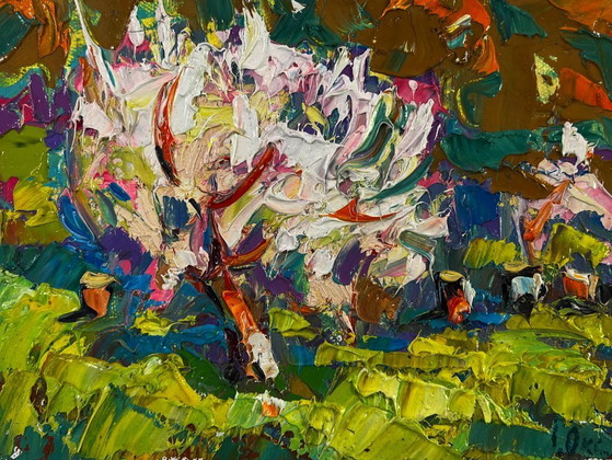 Image 1 of Original Oil Painting Colorful Nature Landscape Petals dancing in the spring breeze