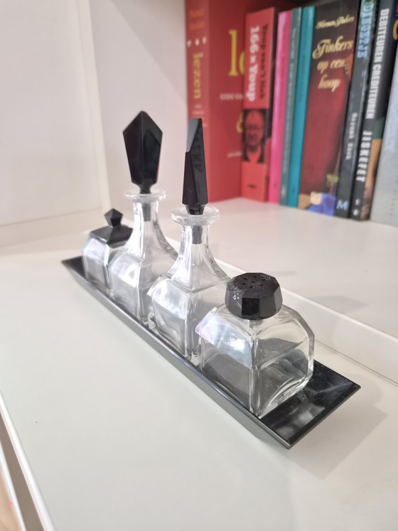 Image 1 of Beautiful Art Deco Oil & Vinegar Set – 5-piece – 1930s