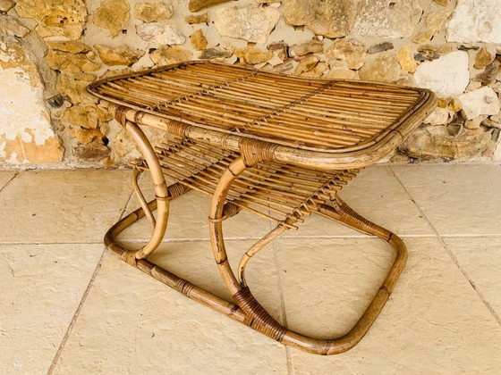 Image 1 of Tavolino da caffè in bambù e rattan con portariviste, stile metà secolo, di Tito Agnoli, circa anni '60.