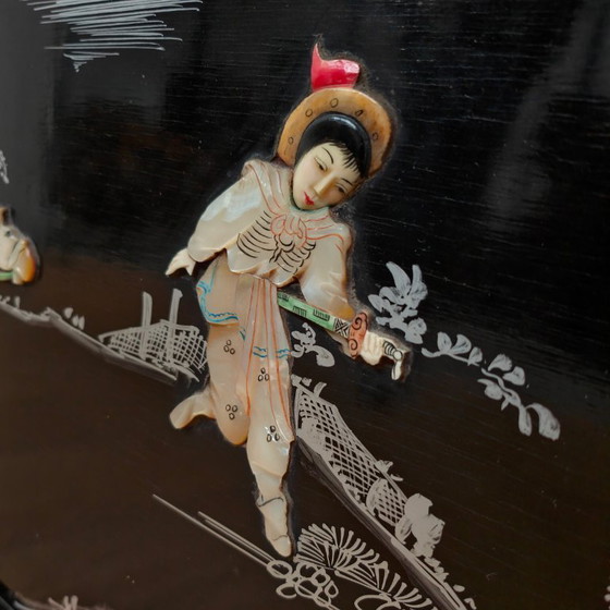 Image 1 of Vintage Chinoiserie black lacquered wall panel with mother-of-pearl inlay