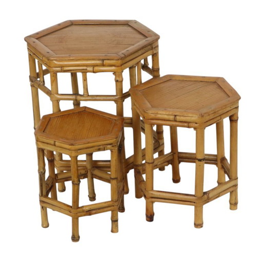 Vintage Set aus 3 Beistelltischen aus Bambus und Rattan, stapelbar, Boho-Stil – bijzettafels, Bamboo (photo 2 of 15)