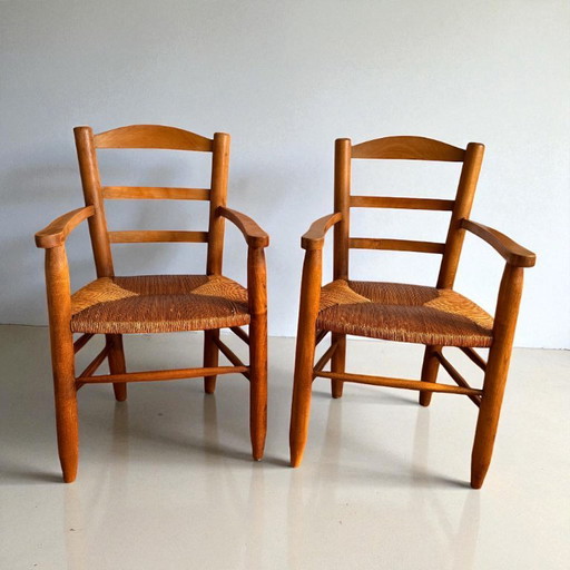 Vintage Solid Wood and Straw Armchair - Attributed to Georges Robert - Rustic Chic French Design - 1950s