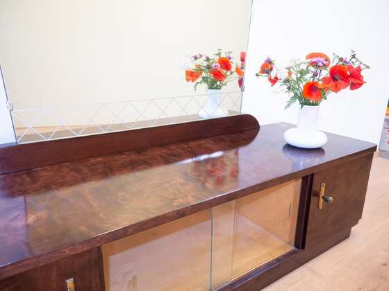 Image 1 of Espejo de cuerpo entero, cómoda con espejo y puerta corrediza de cristal en abedul flameado, años 50, restaurada.