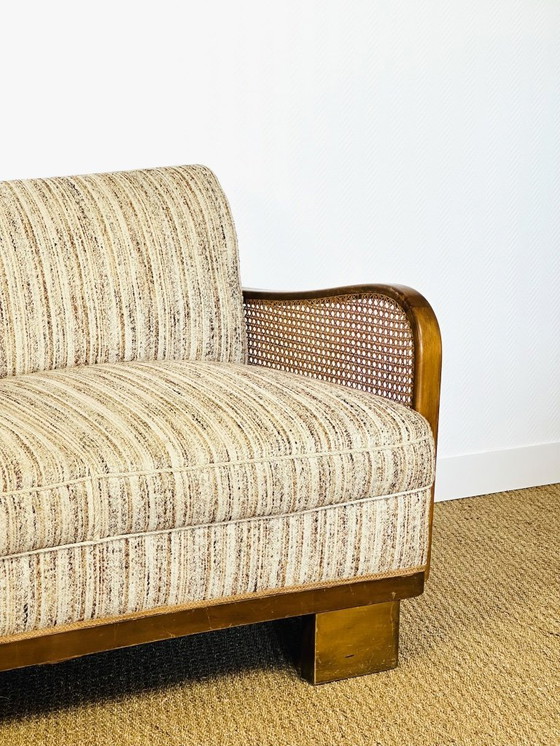 Image 1 of Vintage Art Deco woonkamerset van gebogen hout en riet, 1950, set van 3