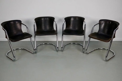 Set van vier bruine leren eetkamerstoelen, Willy Rizzo, jaren 1970