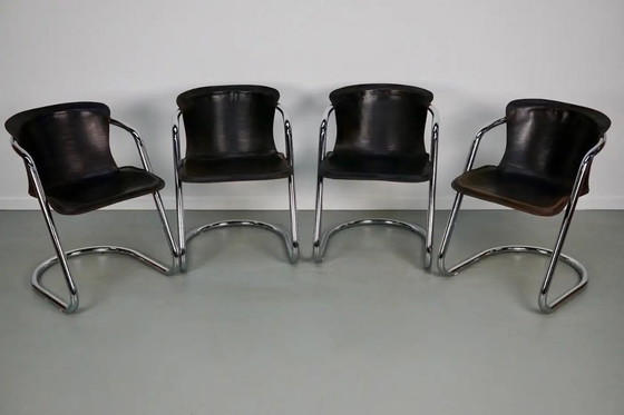 Image 1 of Set van vier bruine leren eetkamerstoelen, Willy Rizzo, jaren 1970