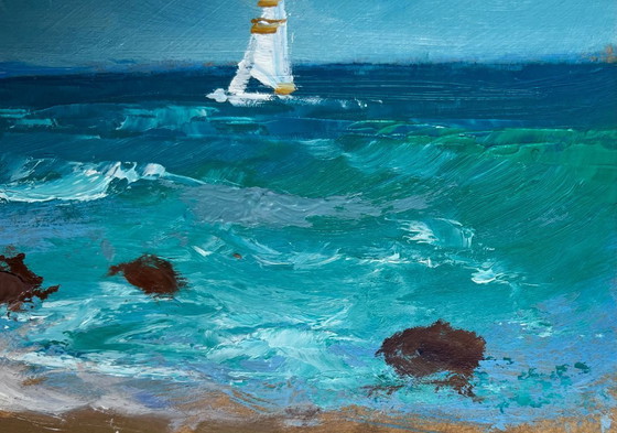 Image 1 of Peinture à l'huile originale représentant un paysage de plage côtière. Un voilier solitaire en mer.