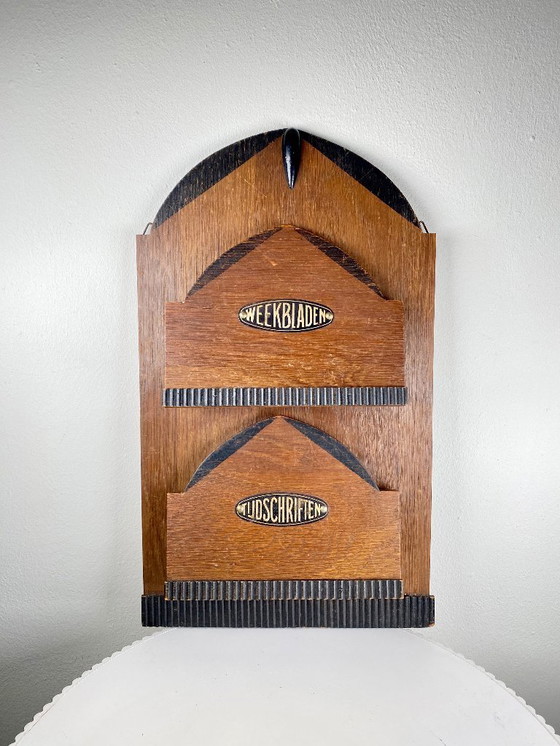 Image 1 of Portariviste antico/vintage - Portariviste da parete - Portariviste in legno Art Déco olandese degli anni '30 - Scuola di Am