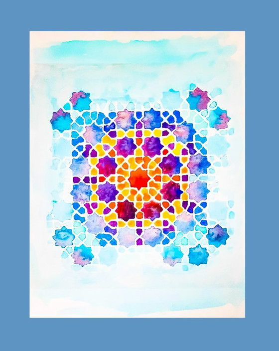 Image 1 of Acuarela original azulejo mozárabe. Cuadro azulejo árabe. Pintura geométrica. Acuarela con motivo geométrico.  Nueva.