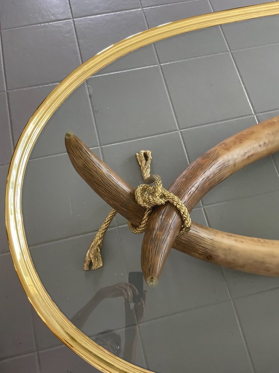Spanish 1970s Signed Valenti Faux Elephant Tusk Table with Glass Top and Solid Bronze Detailing (photo 10 of 15)