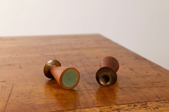 Image 1 of 2x Vintage Small teak and brass triangle inlay candle sticks