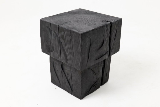 Rustic Sculptural Side Table / Stool, Burnt Black Oak Wood, Carved, Unique, Logniture (photo 7 of 9)