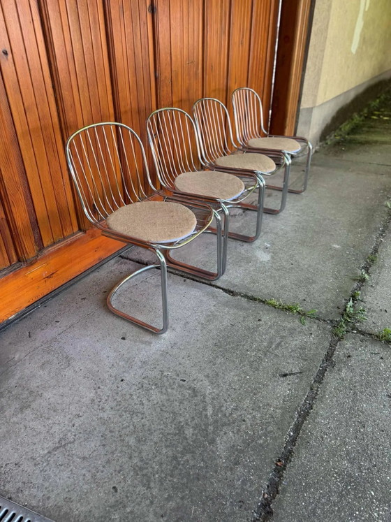 Italian Dining Chairs by Gastone Rinaldi, 1970s, Set of 4, Metal, Textile, Italian Design (photo 8 of 10)