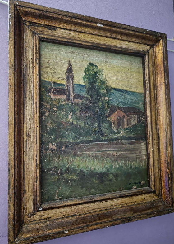 Antique Oil Painting Landscape Scene mid-19th Century, Paintings & Drawings, Canvas, Wood, Green, Vintage (photo 3 of 5)