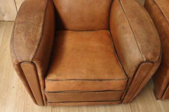 Image 1 of Coppia di poltrone club in pelle in stile Art Déco, anni '30