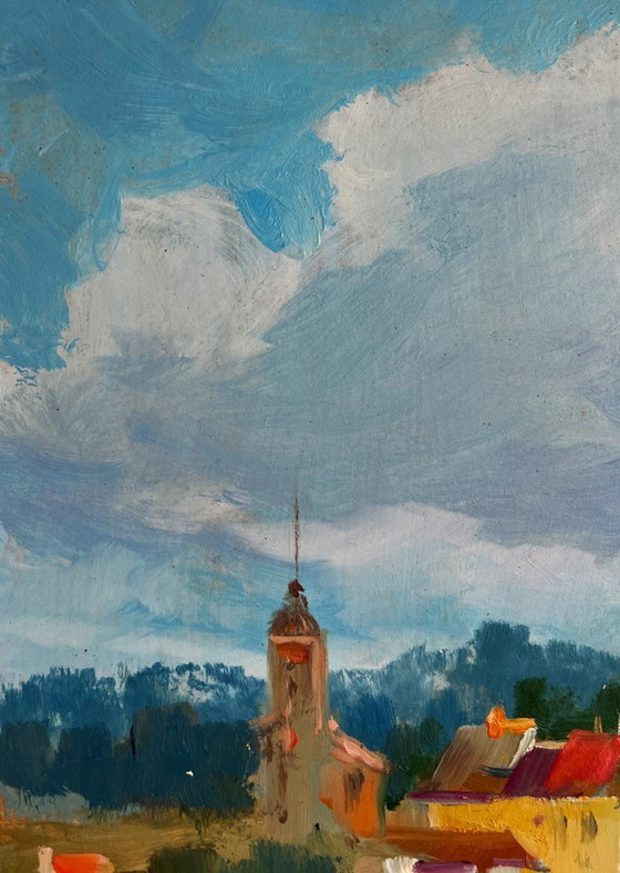 Image 1 of Origineel olieverfschilderij: Rivierboten, Landschap, Boten voor de kust van de stad