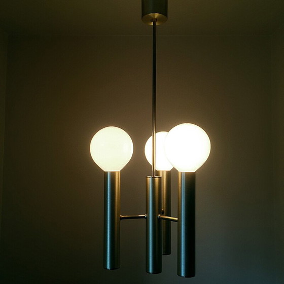 Image 1 of Scandinavian 3-light chandelier in brushed metal, 1960