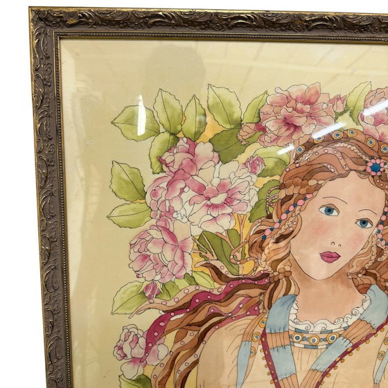 Seidengemälde im Jugendstil einer Frau mit Blumen, Gemälde & Zeichnungen, Papier, Holz, Mehrfarbig (Foto 3 von 13)
