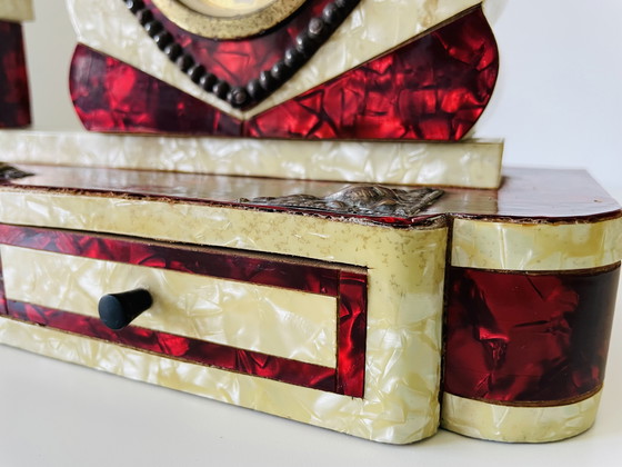 Image 1 of German Art Deco wood mother of pearl silver clock blue opaline glass lamp set with drawers, 1930s