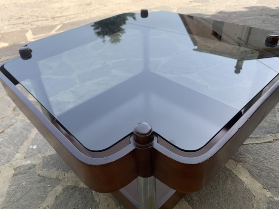 Image 1 of Vintage 1970s Coffee Table - Smoked Glass and Curved Wood with Double Shelf - 66x66x37 cm
