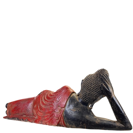 Antique Burmese Teak Wood Reclining Buddha – 19th Century – 102 cm – Sculpture (photo 8 of 11)