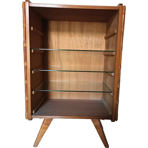 Libreria vintage in legno, bambù, rattan e vetro, anni '50