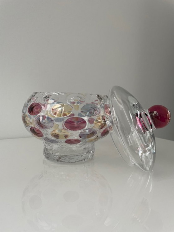 Image 1 of Decorative glass jar with colorful polka dots design
