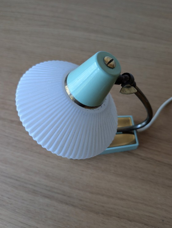 Image 1 of Rare German Mid-Century Table Lamp | Mint Green and Brass | Original Ribbed Glass Shade | 1950s–1960s