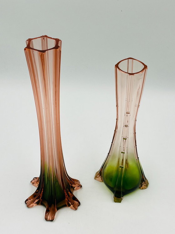 Image 1 of Pair of vintage bud vases in pink and green glass