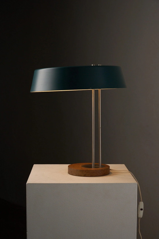 Mid-Century Modern Petrol Green Metal and Wood Table Lamp, Germany, Aluminium, Mid Century Modern (photo 7 of 10)
