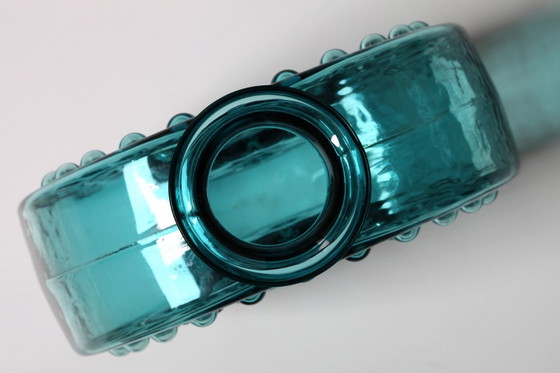 Image 1 of Large Vintage Teal Sunburst Blue Bubble Glass Vase / Erich Jachmann for WMF / 1960s